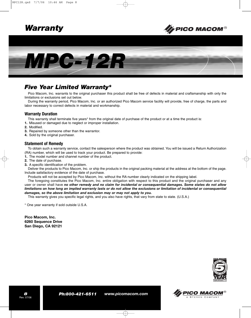 Mpc-12r, Warranty, Five year limited warranty | Pico Macom MPC-12R User Manual | Page 8 / 8