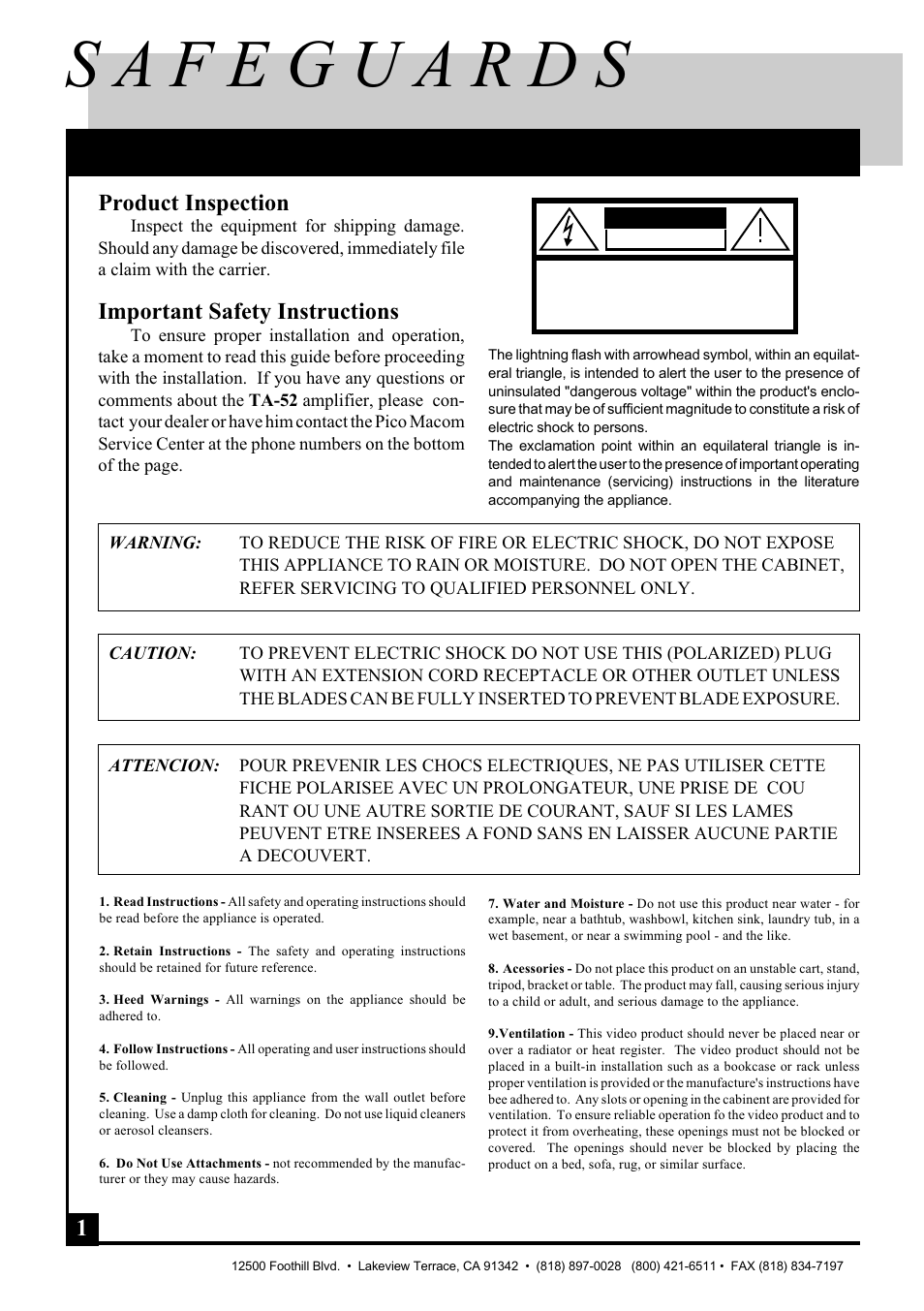 Important information, Product inspection, Important safety instructions | Pico Macom TA-52 User Manual | Page 2 / 8