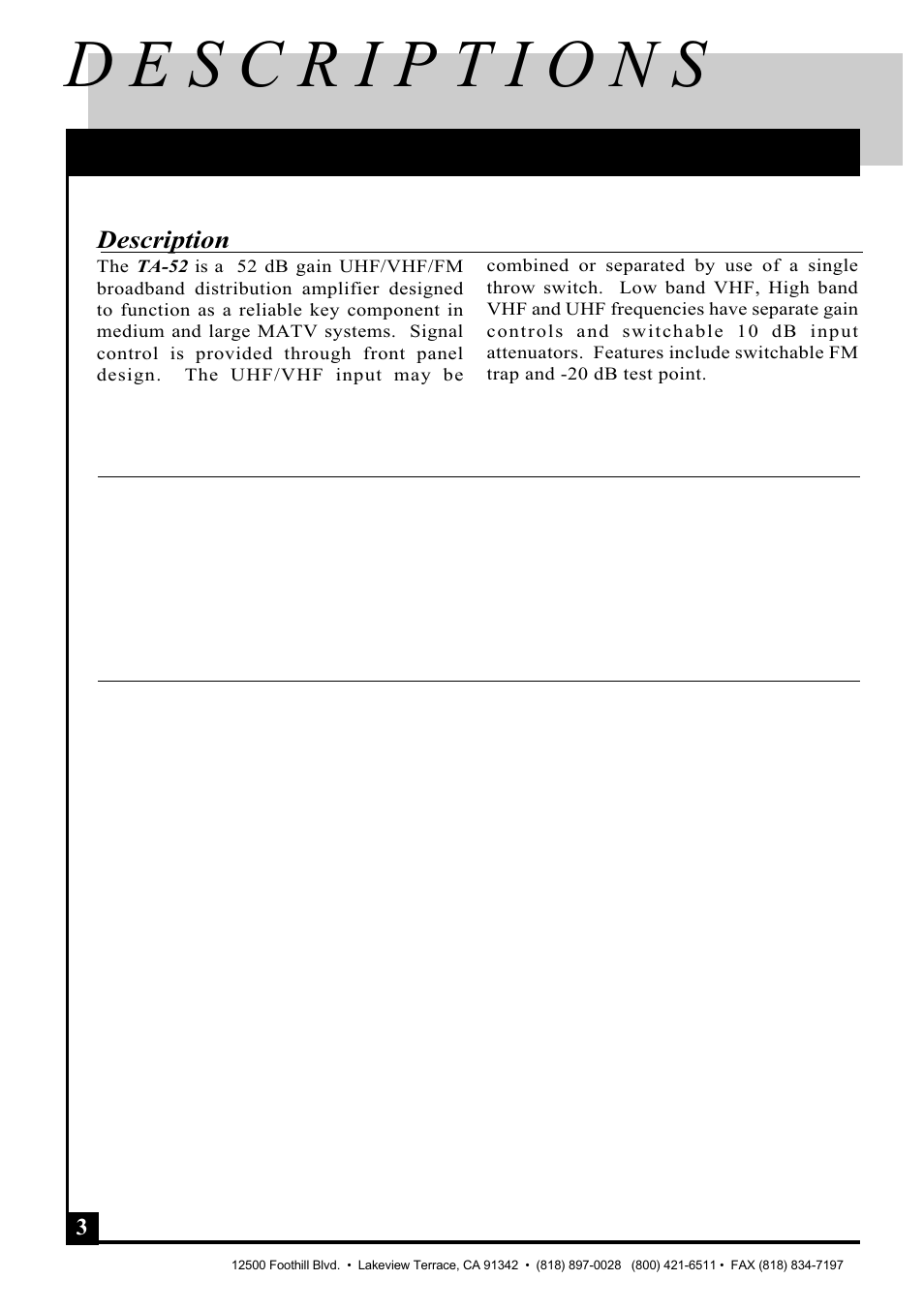 And specifications, Description, Features | Specifications | Pico Macom TA-52 User Manual | Page 4 / 8
