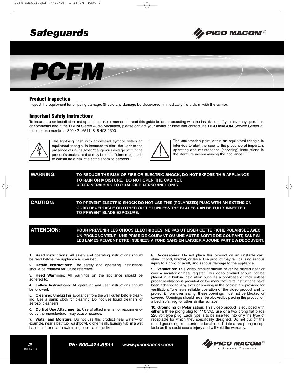 Pcfm, Safeguards | Pico Macom FM Stereo Audio Modulator User Manual | Page 2 / 8