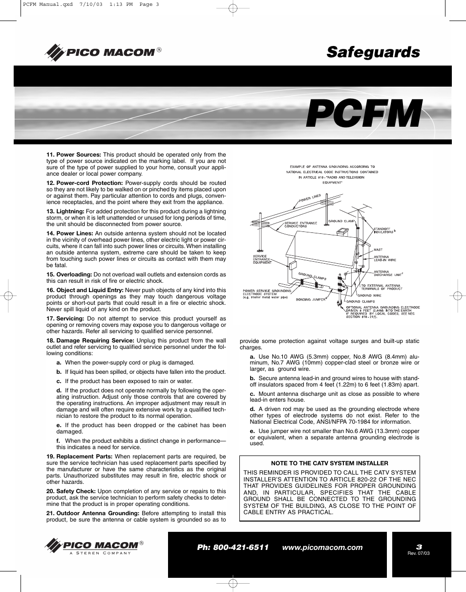 Pcfm, Safeguards | Pico Macom FM Stereo Audio Modulator User Manual | Page 3 / 8