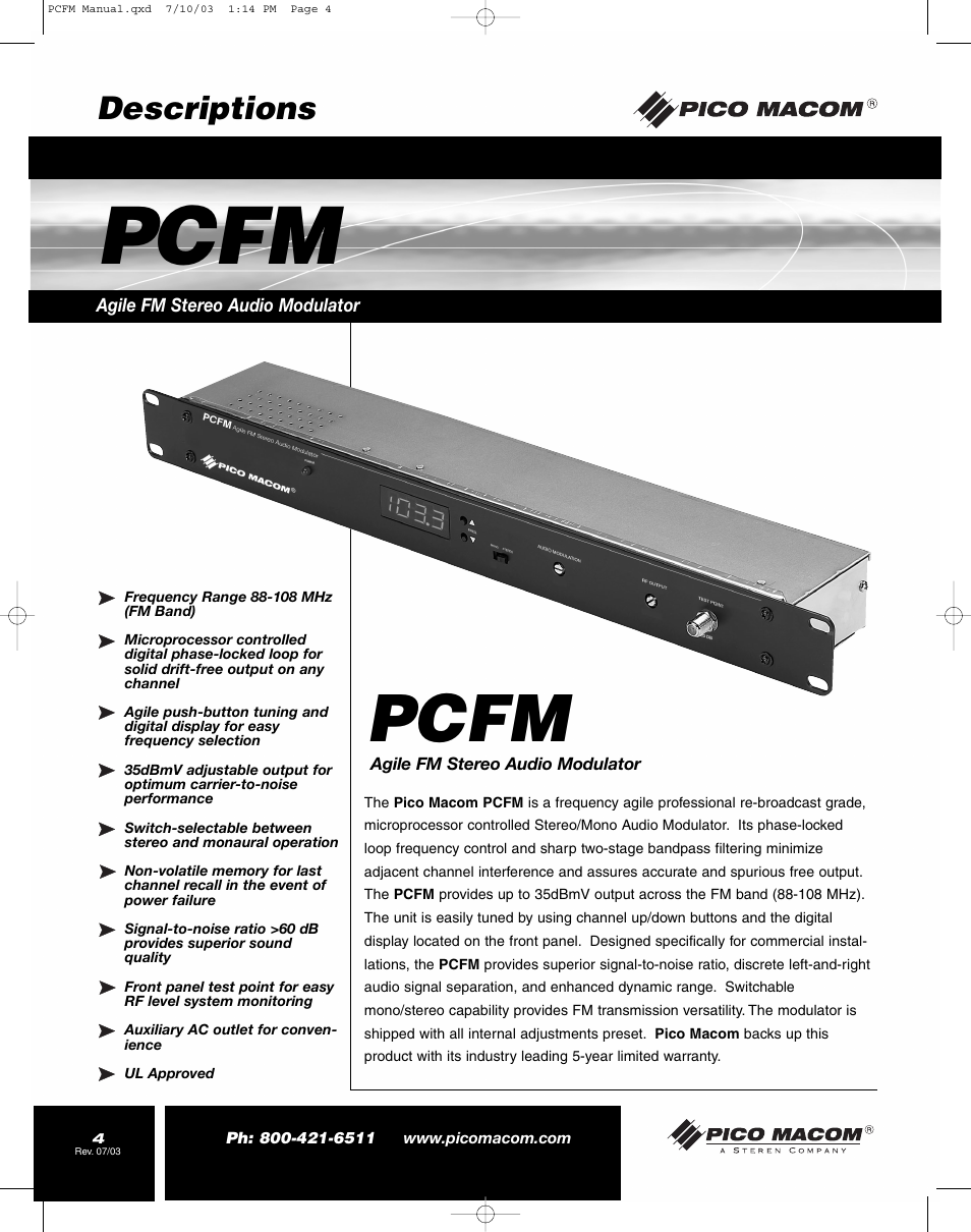 Pcfm, Descriptions | Pico Macom FM Stereo Audio Modulator User Manual | Page 4 / 8