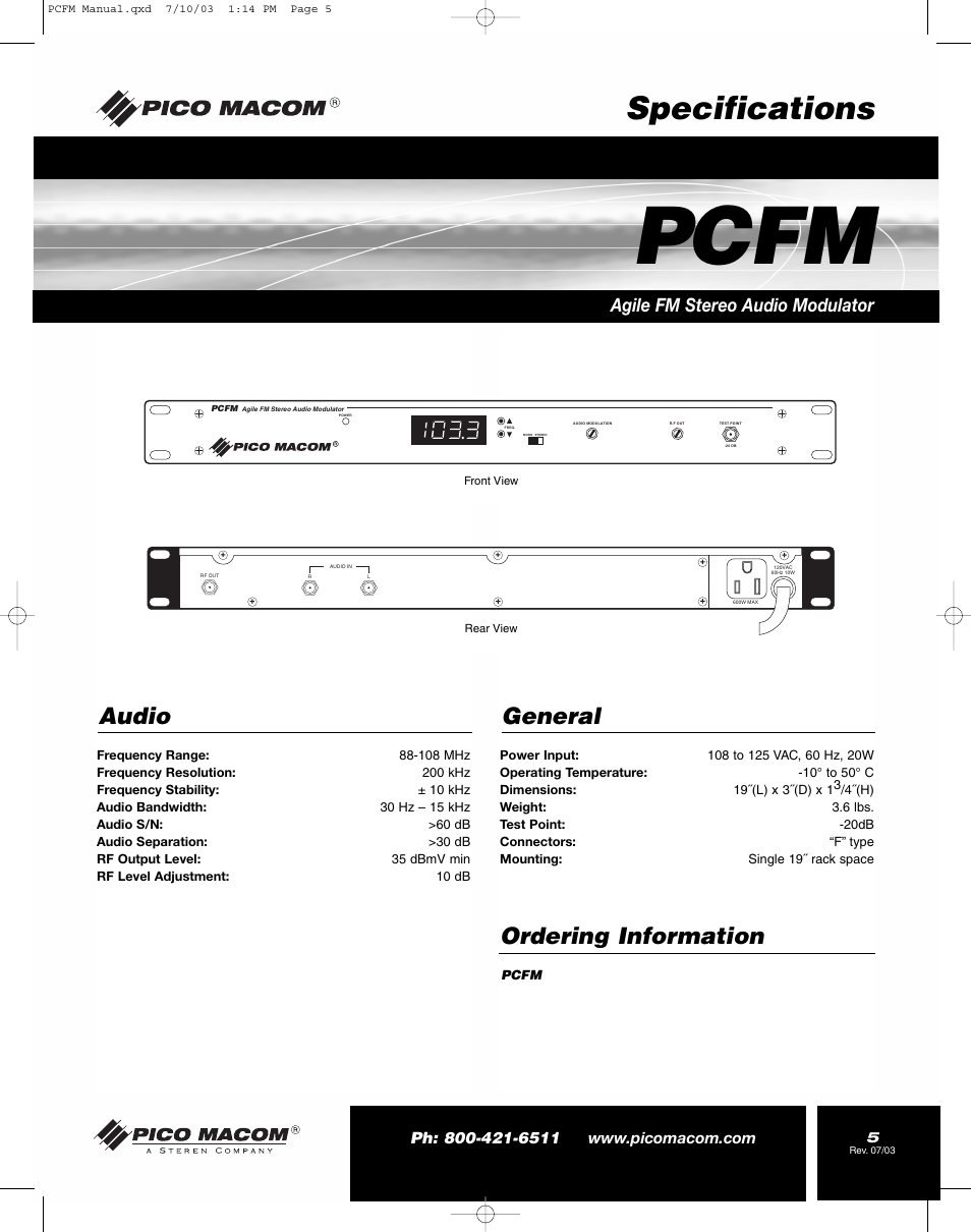 Pcfm, Specifications, Audio general ordering information | Agile fm stereo audio modulator | Pico Macom FM Stereo Audio Modulator User Manual | Page 5 / 8