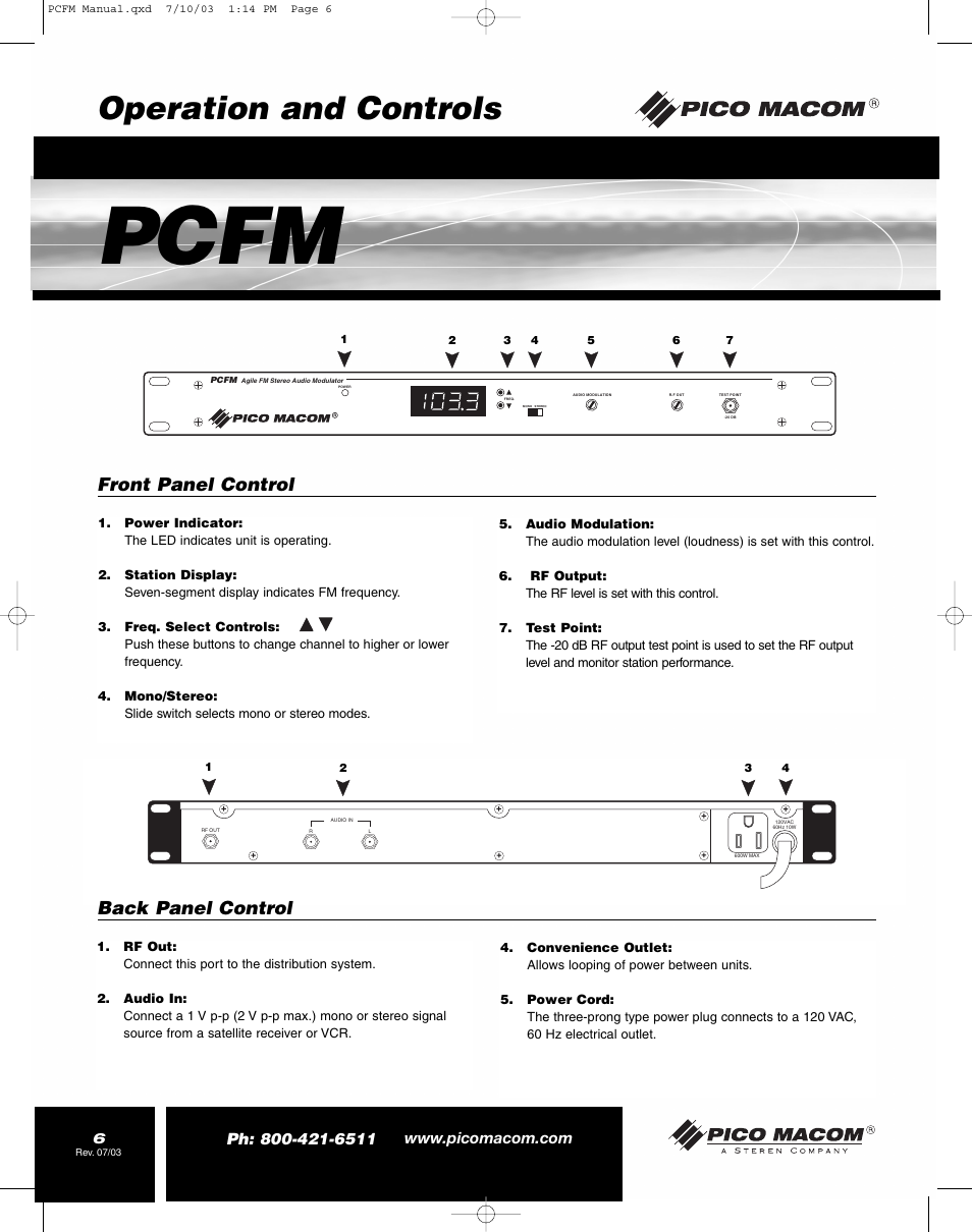 Pcfm, Operation and controls, Front panel control | Back panel control | Pico Macom FM Stereo Audio Modulator User Manual | Page 6 / 8