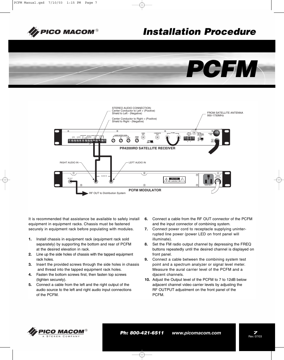 Pcfm, Installation procedure, Pcfm modulator pr4200ird satellite receiver | Pico Macom FM Stereo Audio Modulator User Manual | Page 7 / 8