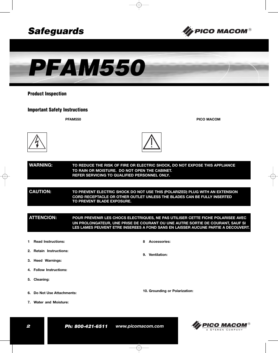 Pfam550, Safeguards | Pico Macom PFAM550 User Manual | Page 2 / 8