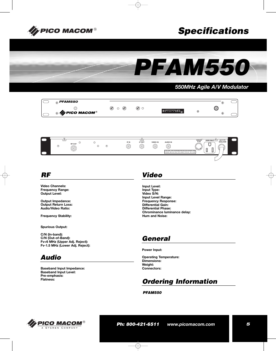 Pfam550, Specifications, Rf video audio general ordering information | 550mhz agile a/v modulator | Pico Macom PFAM550 User Manual | Page 5 / 8