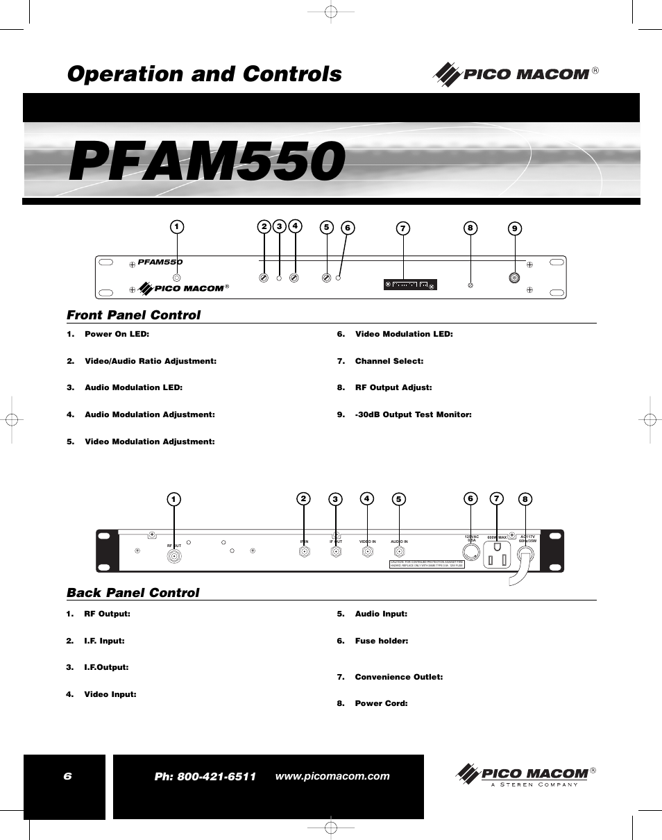 Pfam550, Operation and controls, Front panel control | Back panel control | Pico Macom PFAM550 User Manual | Page 6 / 8