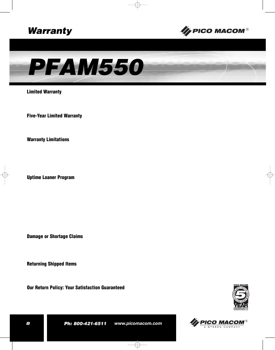 Pfam550, Warranty | Pico Macom PFAM550 User Manual | Page 8 / 8