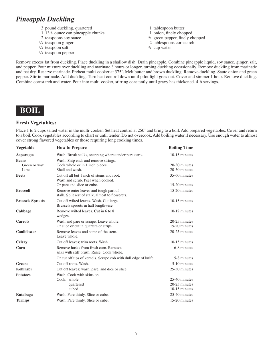 Boil, Pineapple duckling, Fresh vegetables | Presto Kitchen Kettle User Manual | Page 9 / 12