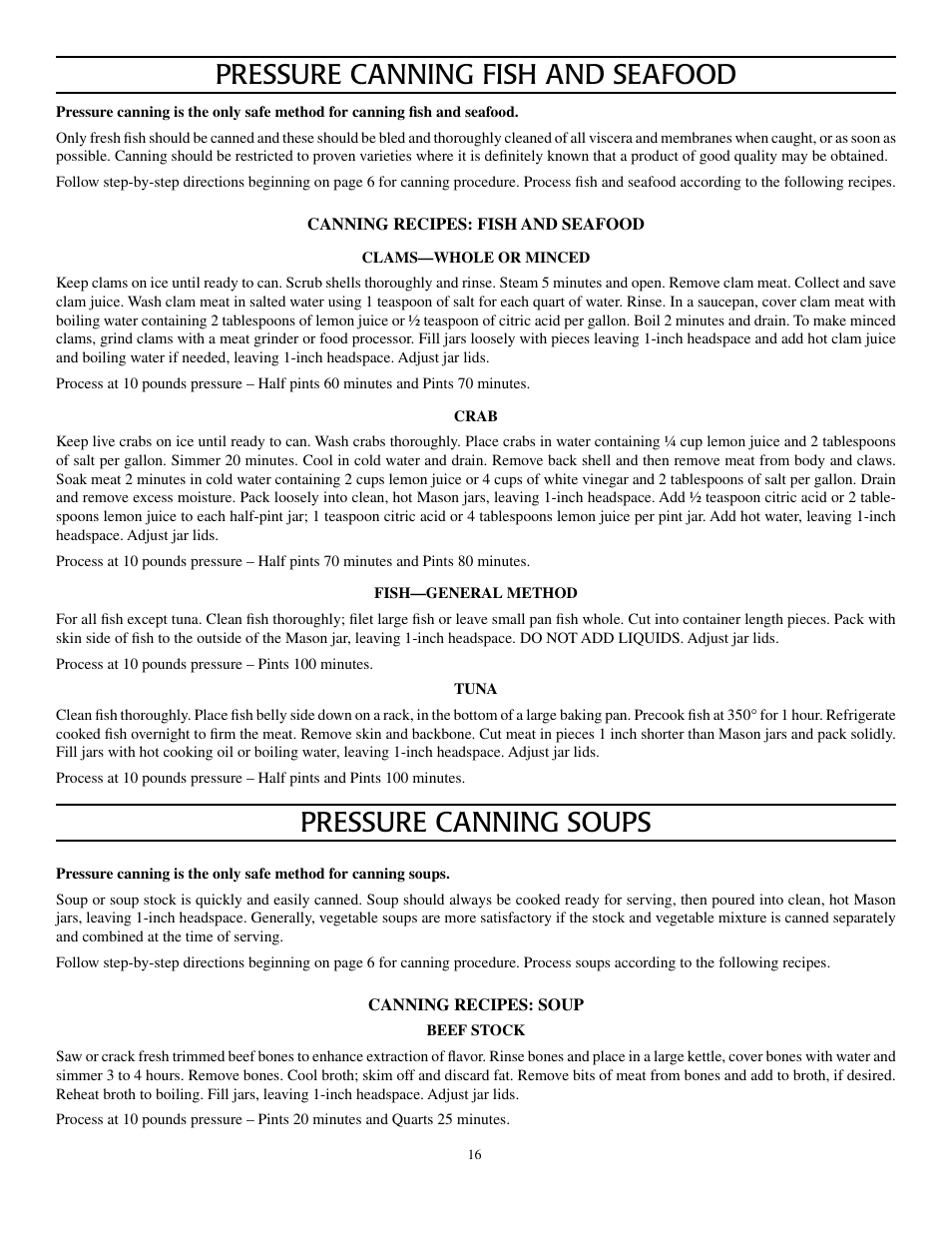 Pressure canning fish and seafood, Pressure canning soups | Presto Pressure Canner and Cooker User Manual | Page 16 / 35