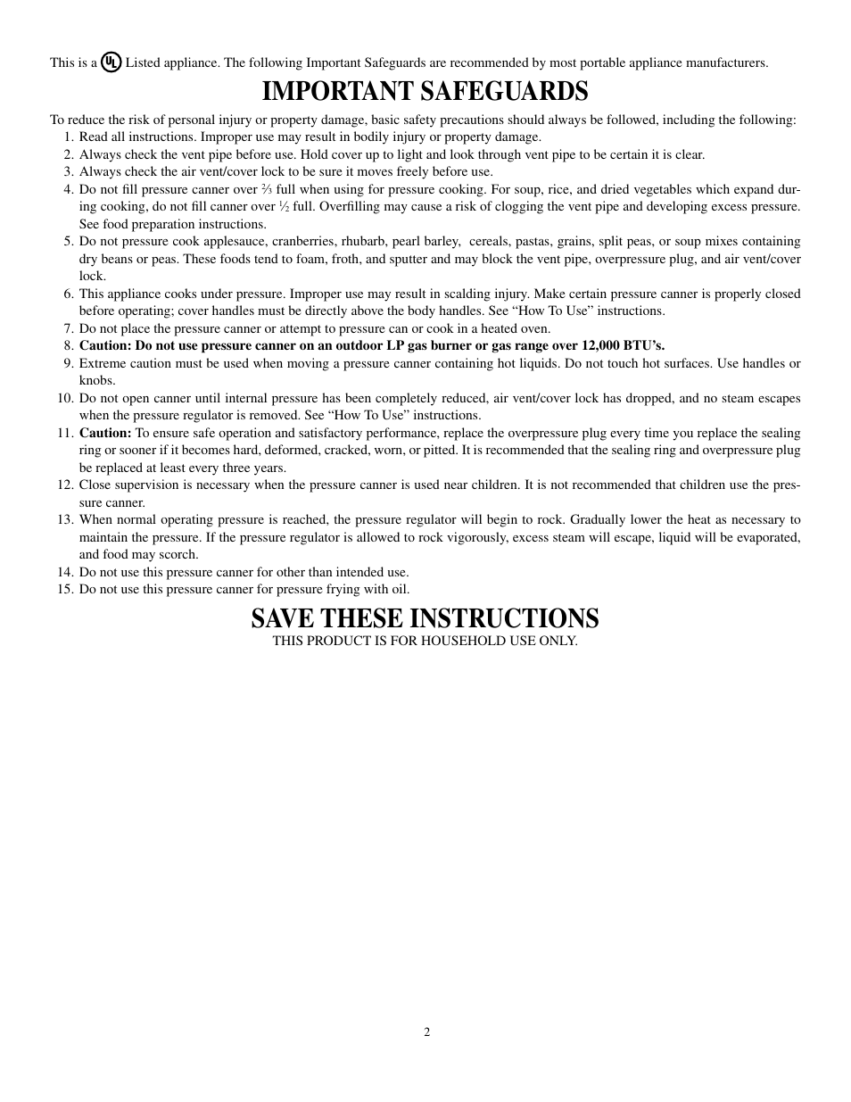 Important safeguards, Save these instructions | Presto Pressure Canner and Cooker User Manual | Page 2 / 35