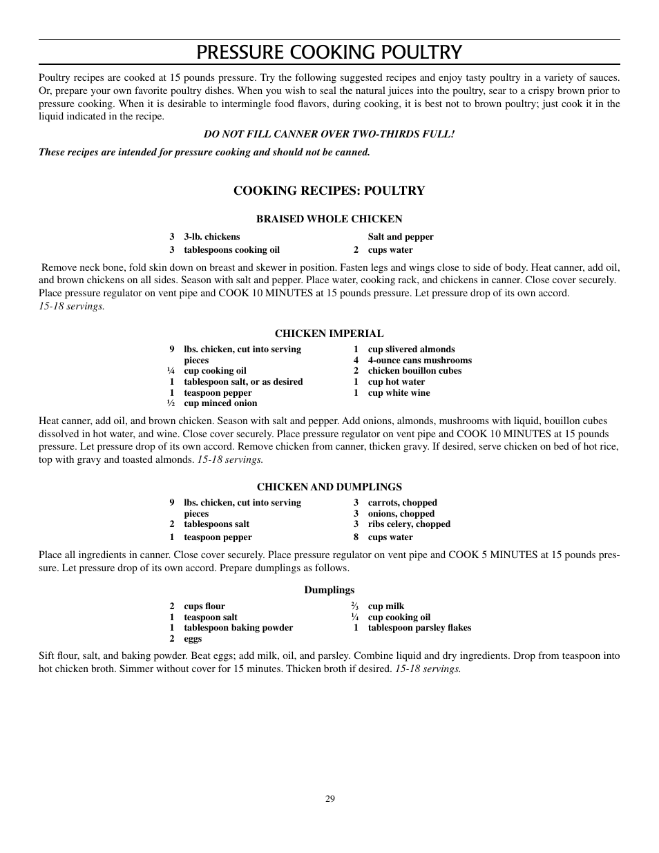 Pressure cooking poultry, Cooking recipes: poultry | Presto Pressure Canner and Cooker User Manual | Page 29 / 35