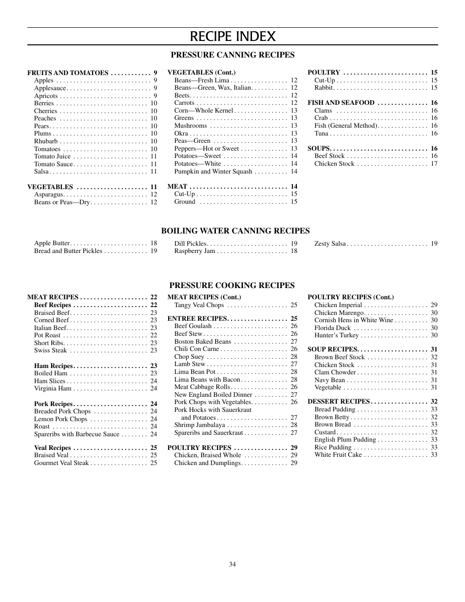Recipe index | Presto Pressure Canner and Cooker User Manual | Page 34 / 35