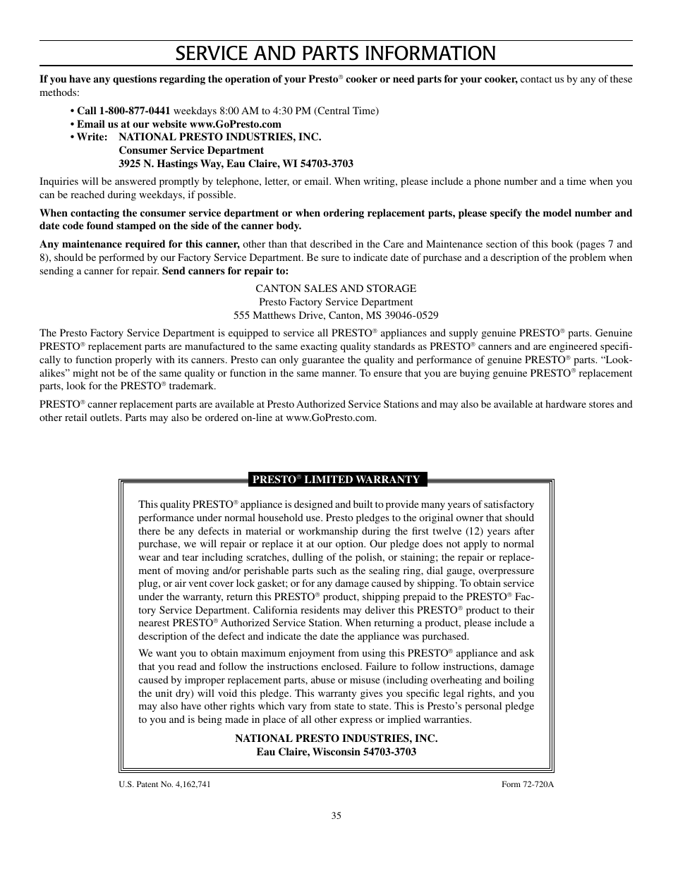 Service and parts information | Presto Pressure Canner and Cooker User Manual | Page 35 / 35