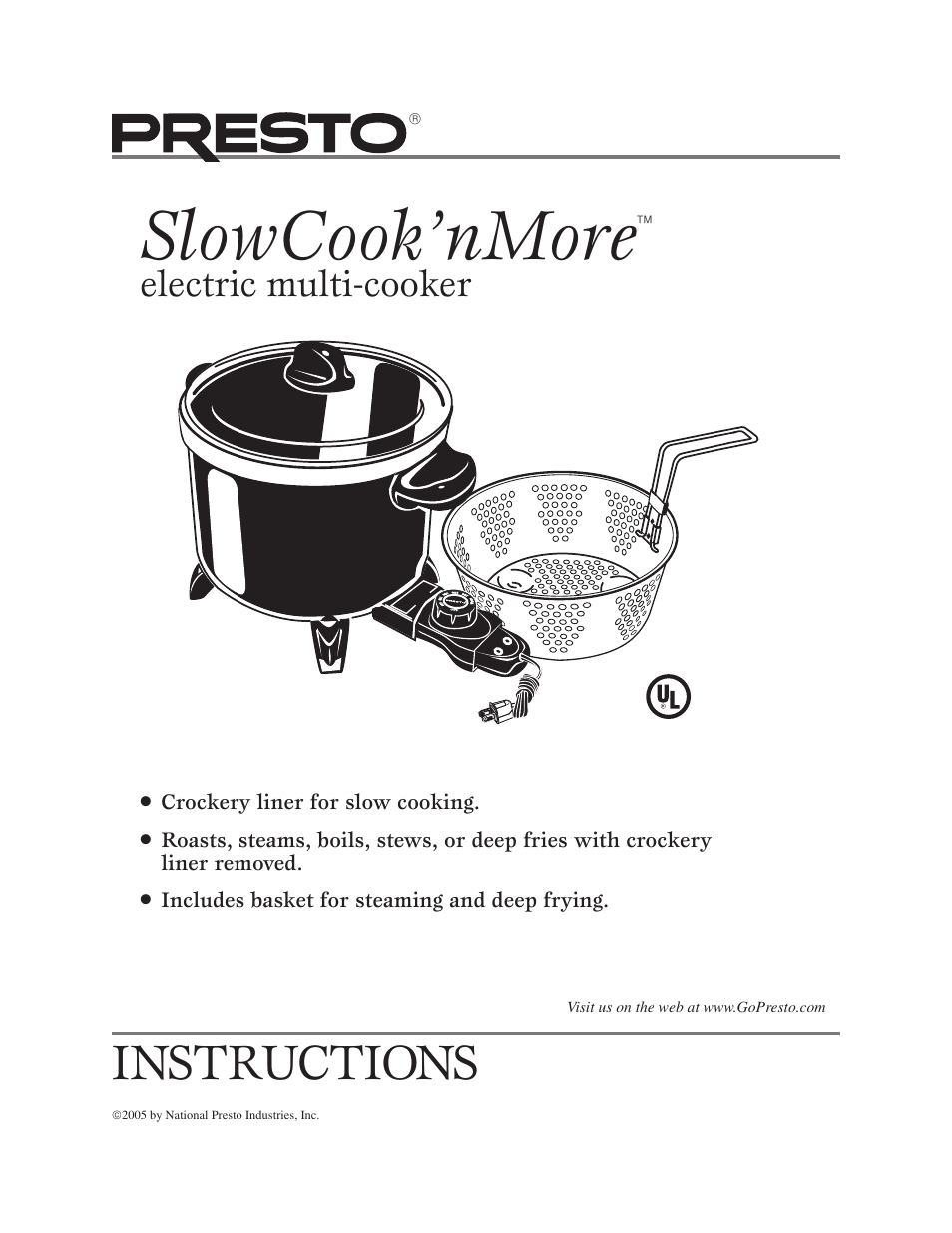 Presto Electric multi-cooker User Manual | 20 pages