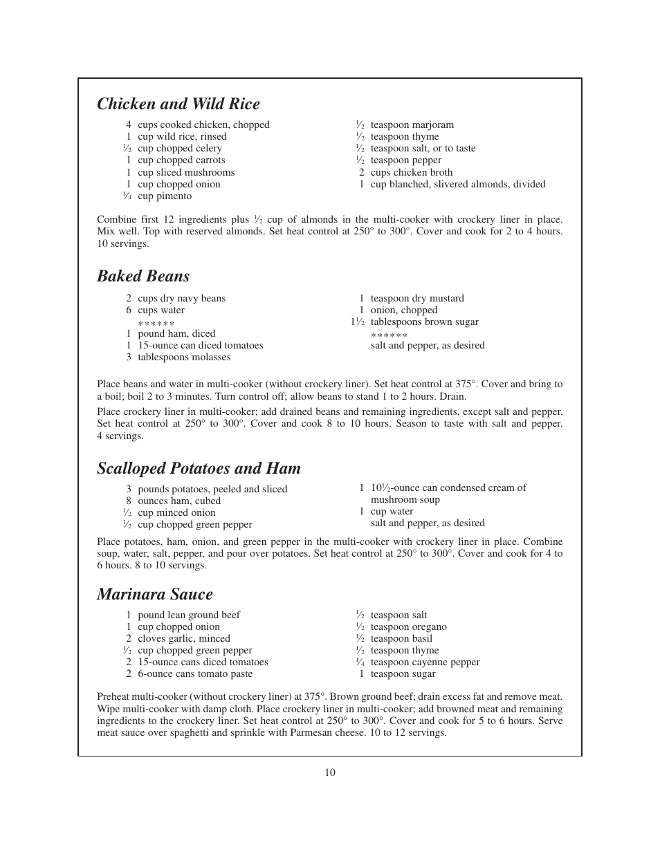 Chicken and wild rice baked beans, Scalloped potatoes and ham, Marinara sauce | Presto Electric multi-cooker User Manual | Page 10 / 20