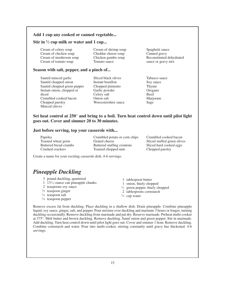 Pineapple duckling, Season with salt, pepper, and a pinch of, Cup milk or water and 1 cup | Presto Electric multi-cooker User Manual | Page 15 / 20