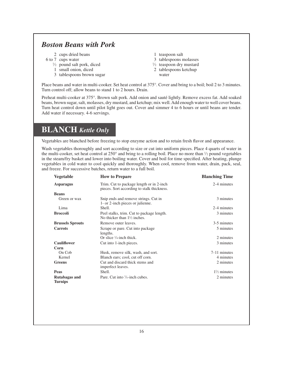 Blanch, Boston beans with pork, Kettle only | Presto Electric multi-cooker User Manual | Page 16 / 20