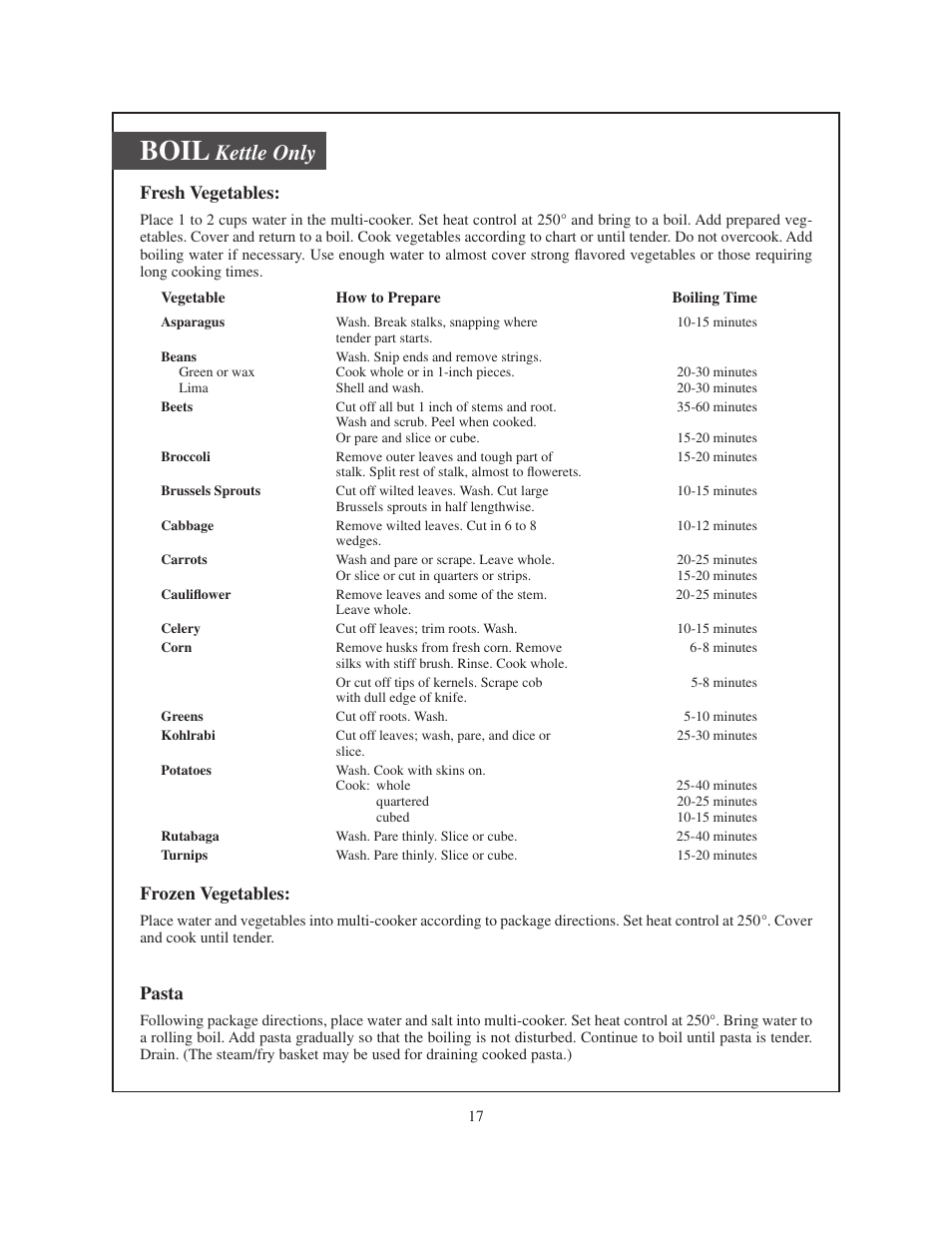 Boil, Kettle only, Fresh vegetables | Frozen vegetables, Pasta | Presto Electric multi-cooker User Manual | Page 17 / 20