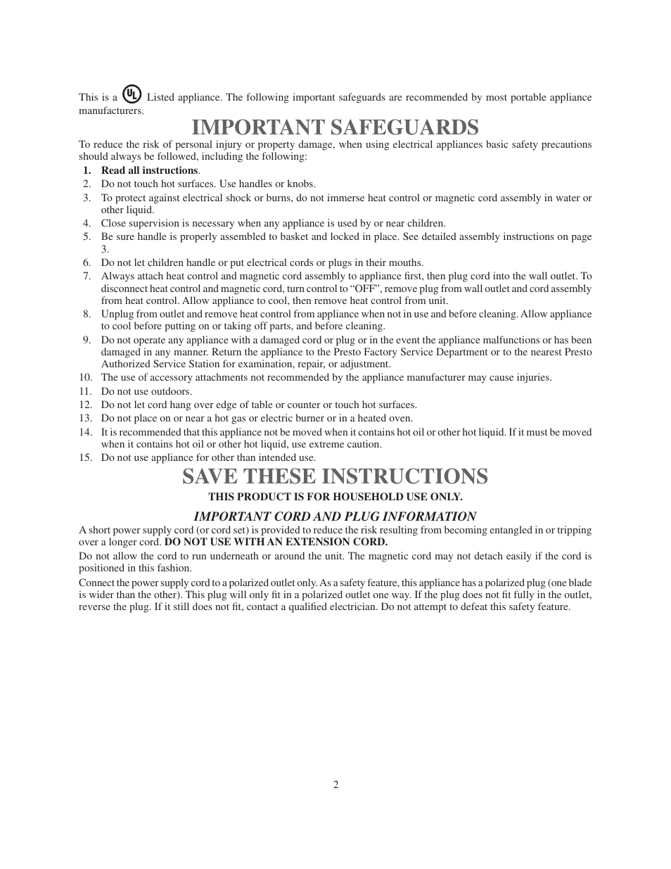 Important safeguards, Save these instructions | Presto Electric multi-cooker User Manual | Page 2 / 20