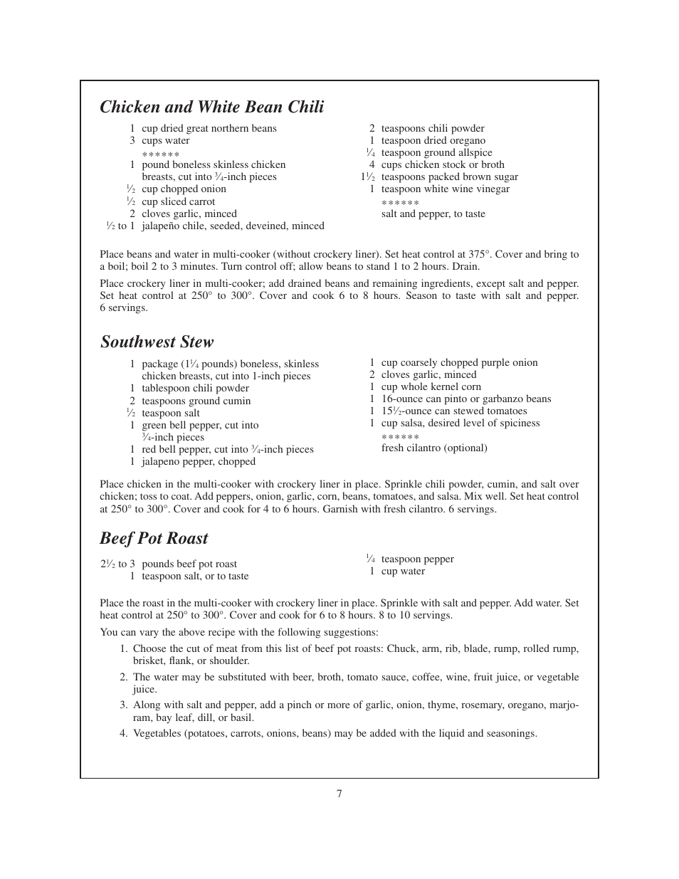 Chicken and white bean chili, Southwest stew, Beef pot roast | Presto Electric multi-cooker User Manual | Page 7 / 20