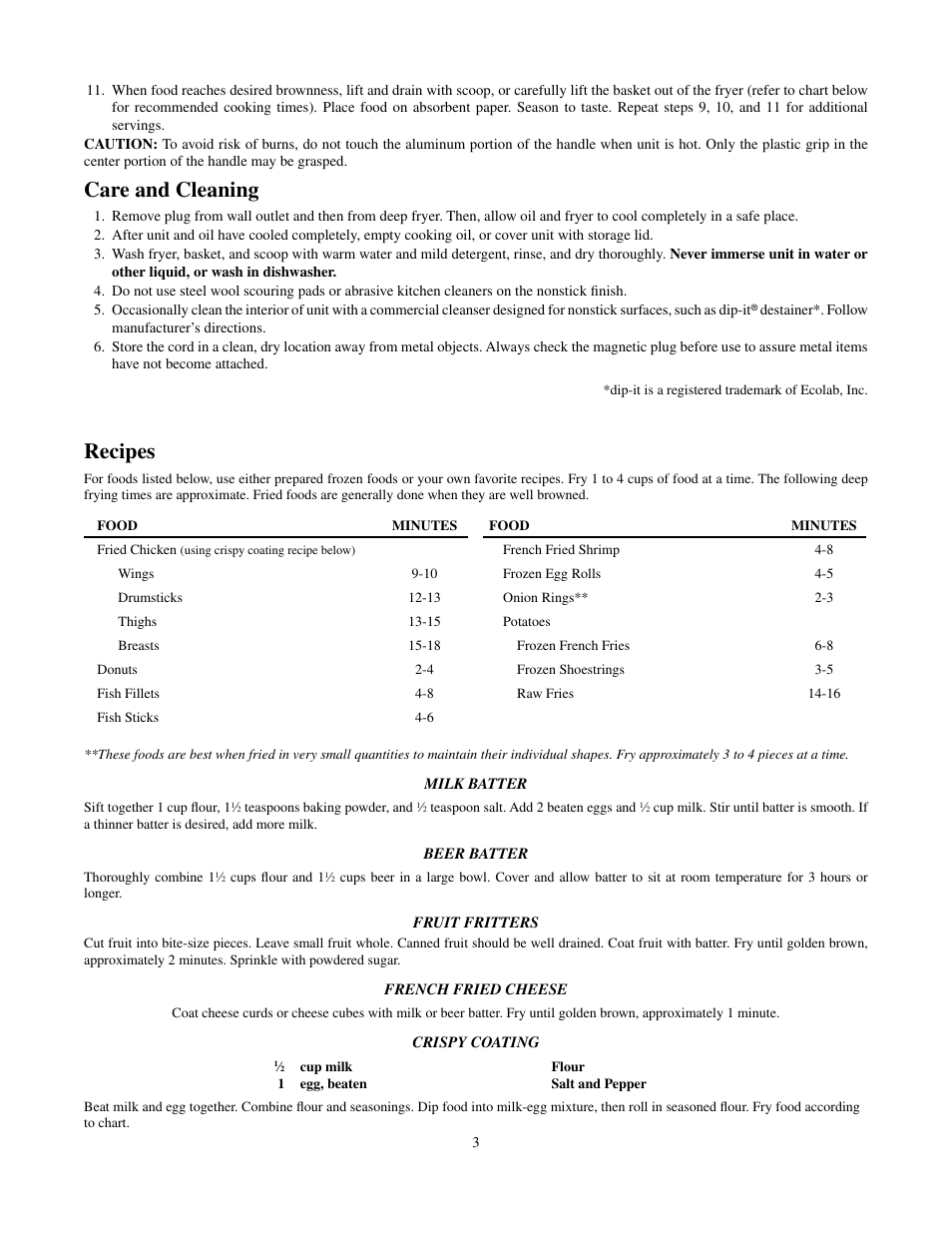 Care and cleaning, Recipes | Presto deep frye User Manual | Page 3 / 4