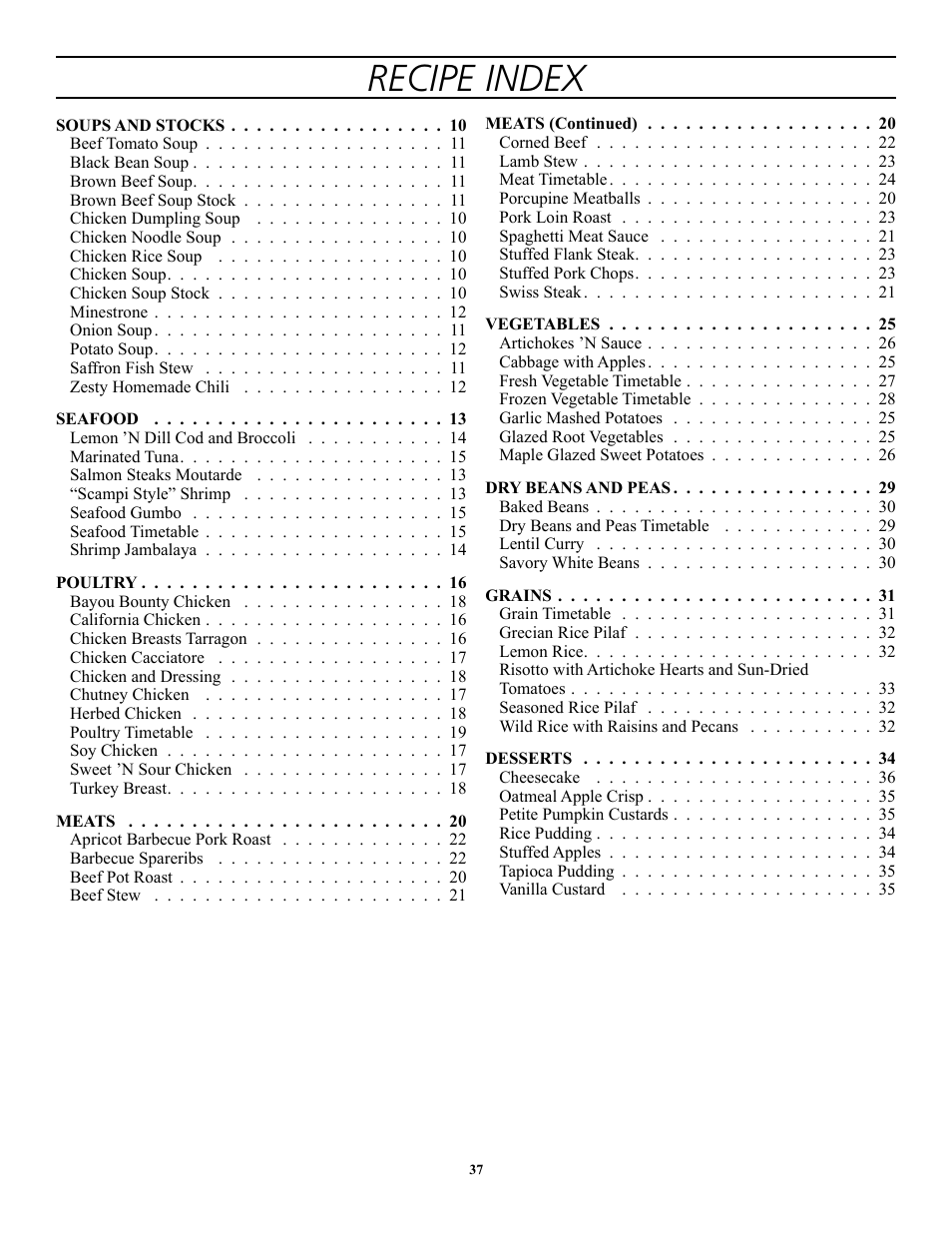 Recipe index | Presto 1362 User Manual | Page 37 / 38