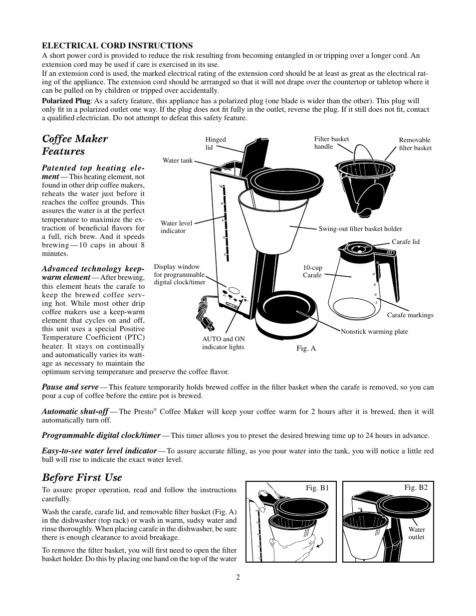Coffee maker features, Before first use | Presto Scandinavian Design User Manual | Page 2 / 6