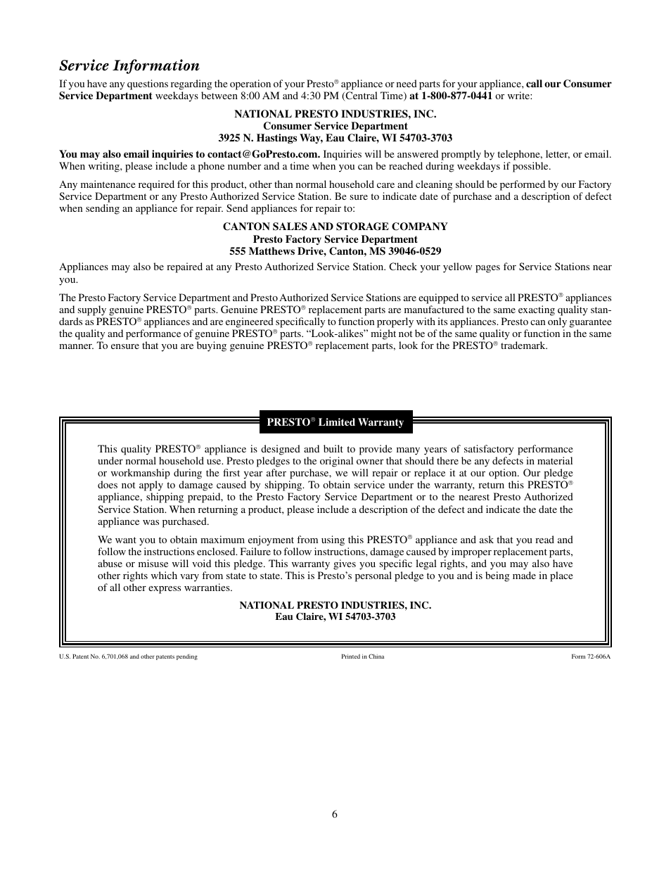 Service information | Presto Scandinavian Design User Manual | Page 6 / 6