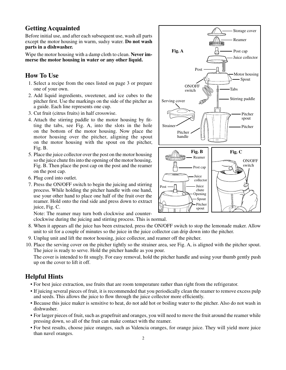 Getting acquainted, How to use, Helpful hints | Presto HomeAde electric lemonade maker User Manual | Page 2 / 4