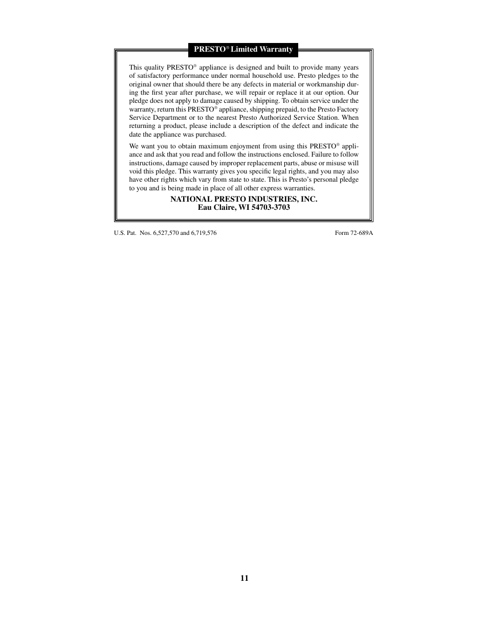 Presto Digital ProFry User Manual | Page 11 / 11