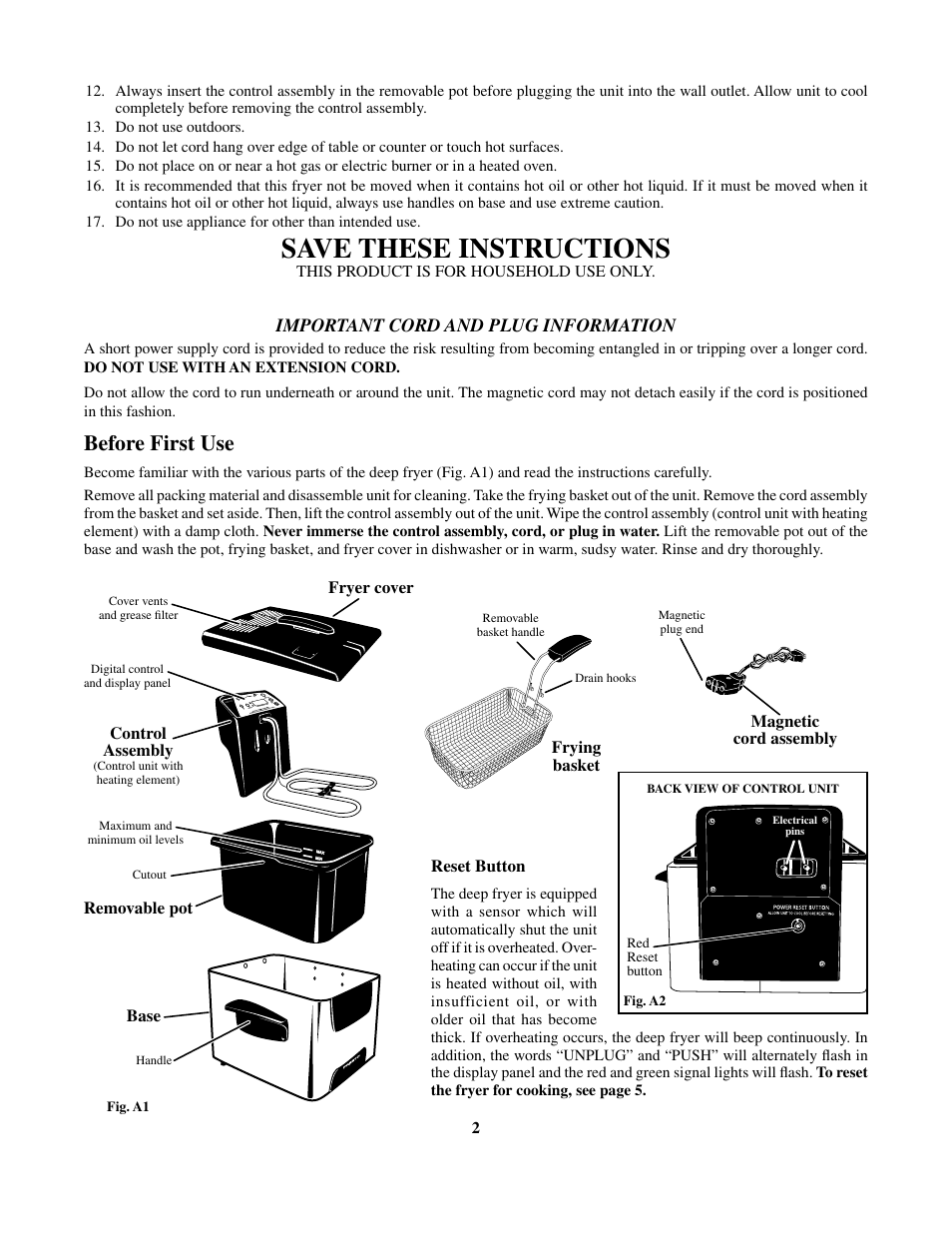 Save these instructions, Before first use, Important cord and plug information | Presto Digital ProFry User Manual | Page 2 / 11