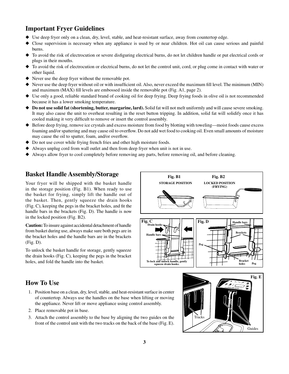 Important fryer guidelines, Basket handle assembly/storage, How to use | Presto Digital ProFry User Manual | Page 3 / 11