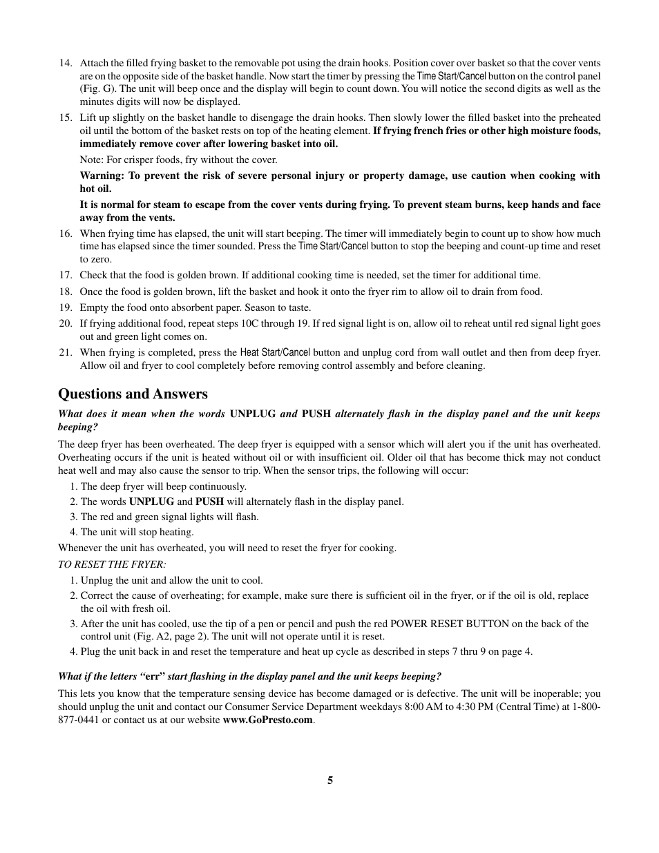 Questions and answers | Presto Digital ProFry User Manual | Page 5 / 11