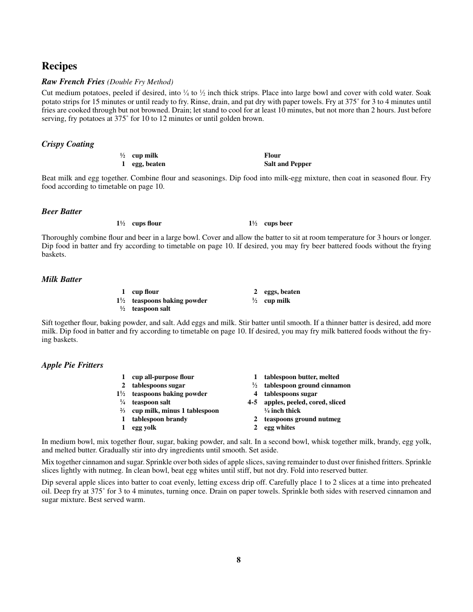 Recipes, Raw french fries, Crispy coating | Beer batter, Milk batter, Apple pie fritters | Presto Digital ProFry User Manual | Page 8 / 11