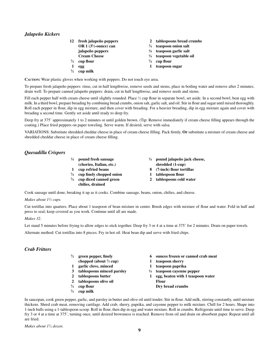 Jalapeño kickers, Quesadilla crispers, Crab fritters | Presto Digital ProFry User Manual | Page 9 / 11