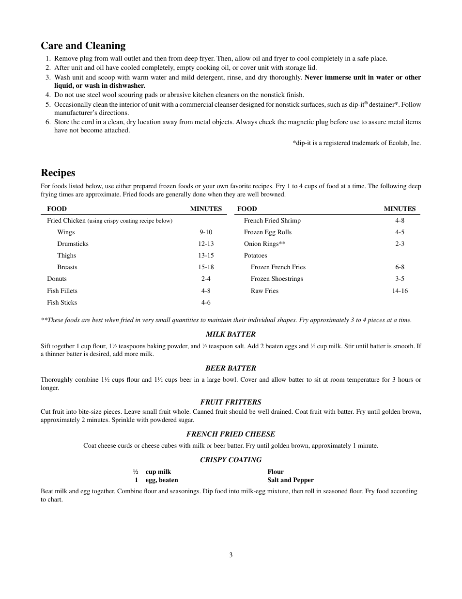 Care and cleaning, Recipes | Presto Deep Fryer User Manual | Page 3 / 4