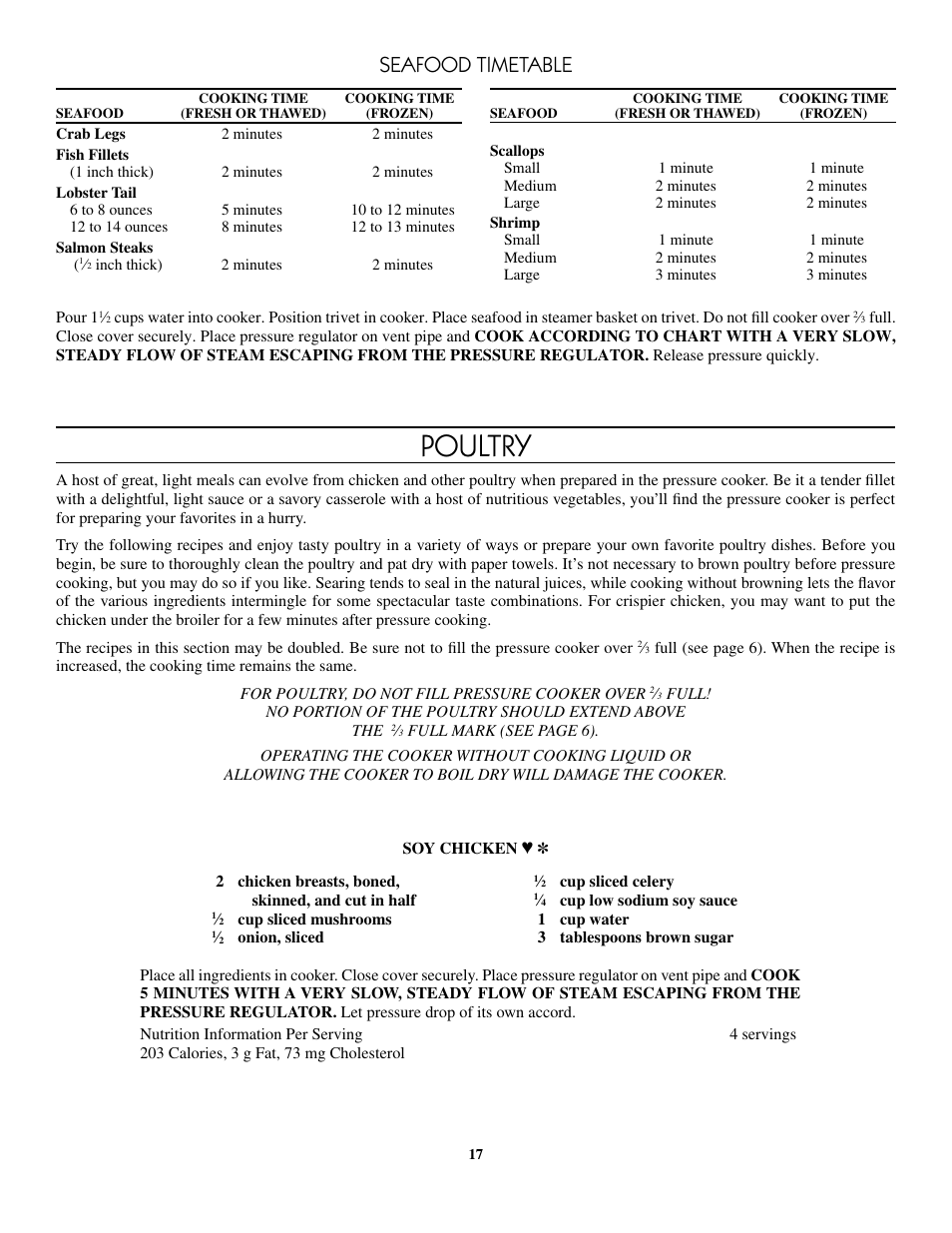 Poultry, Seafood timetable | Presto 8-Quart Stainless Steel Pressure Cooker User Manual | Page 17 / 43