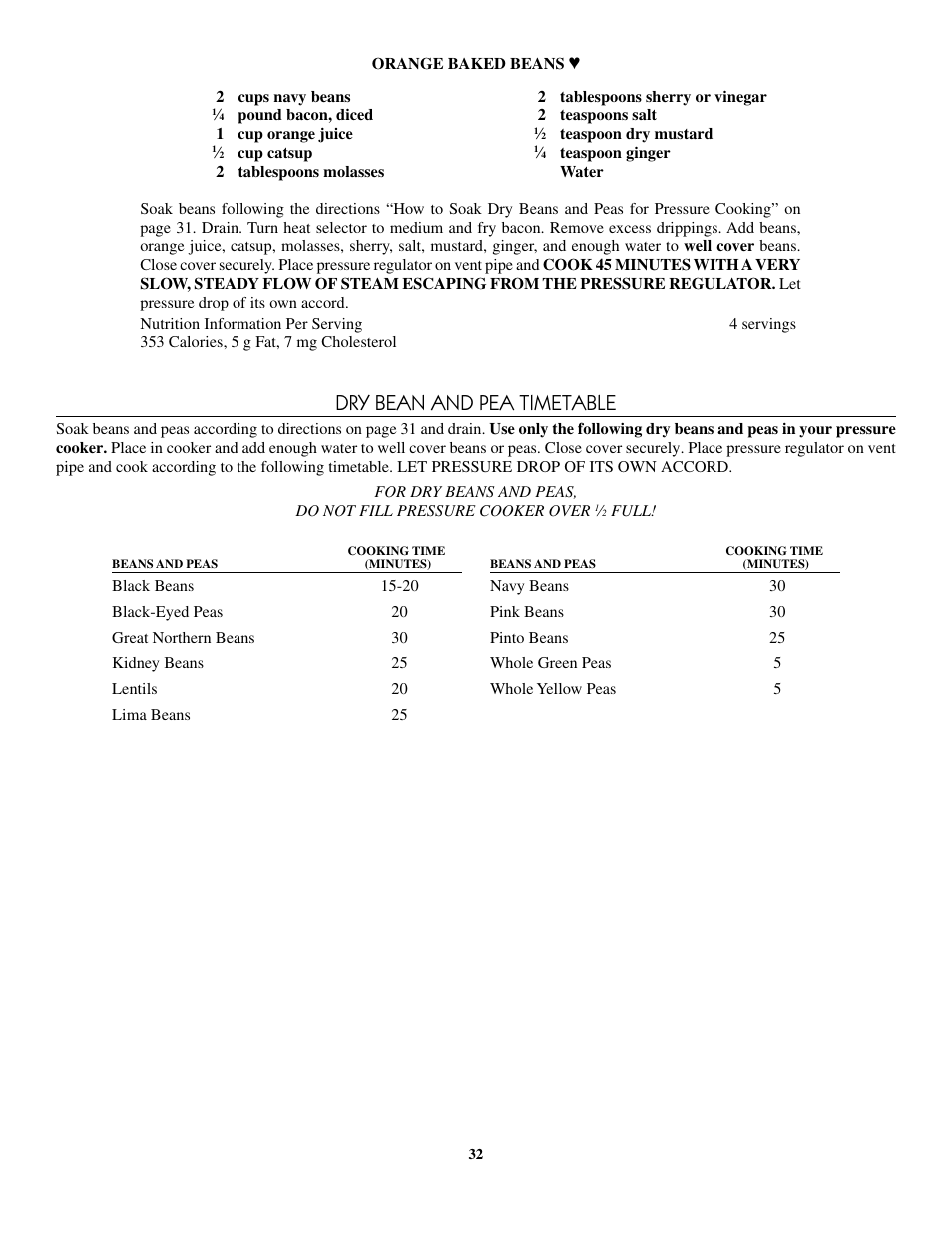 Dry bean and pea timetable | Presto 8-Quart Stainless Steel Pressure Cooker User Manual | Page 32 / 43