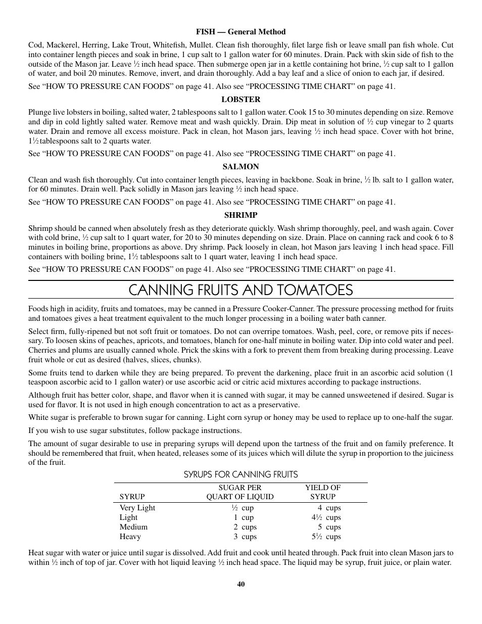 Canning fruits and tomatoes, Syrups for canning fruits | Presto 8-Quart Stainless Steel Pressure Cooker User Manual | Page 40 / 43