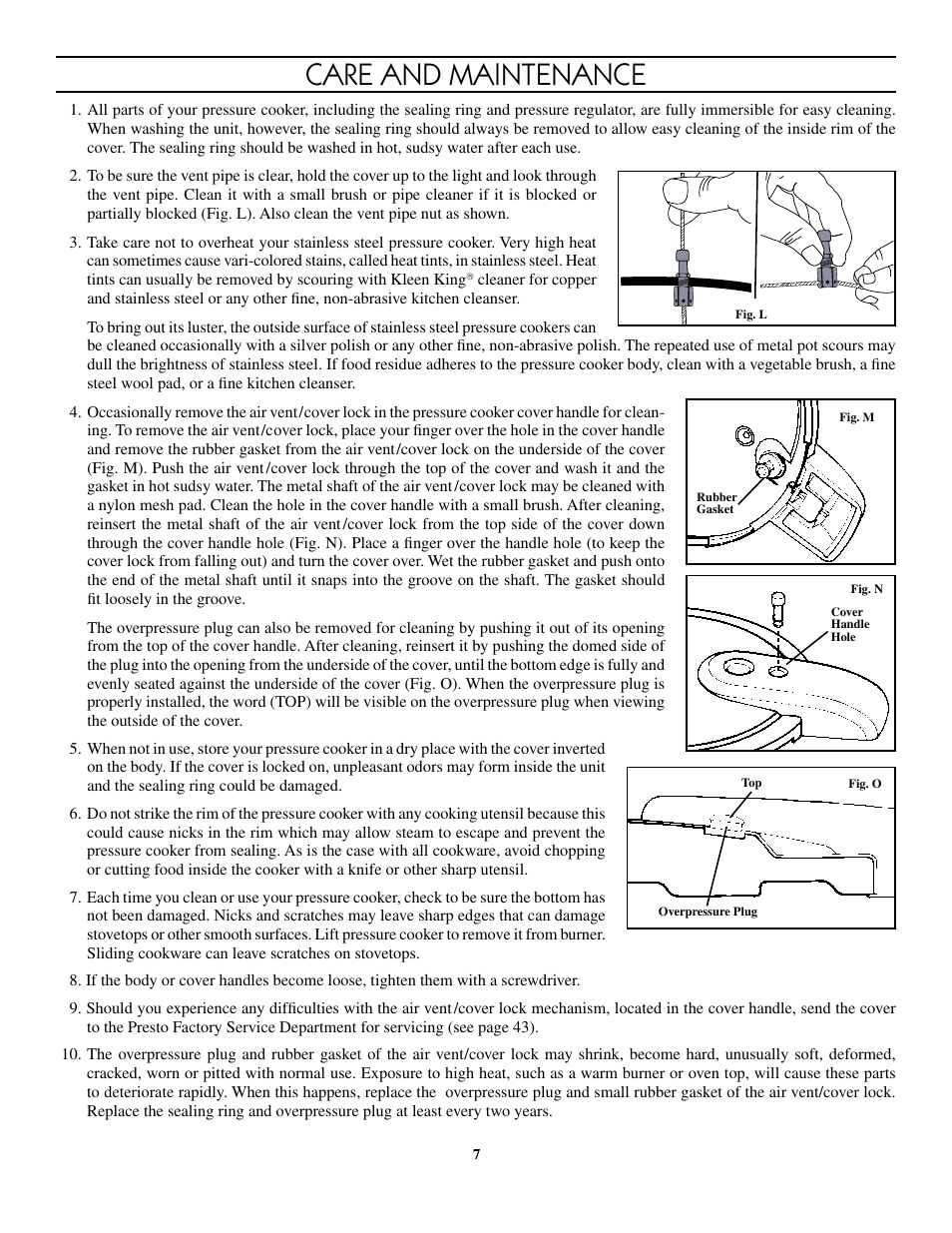 Care and maintenance | Presto 8-Quart Stainless Steel Pressure Cooker User Manual | Page 7 / 43