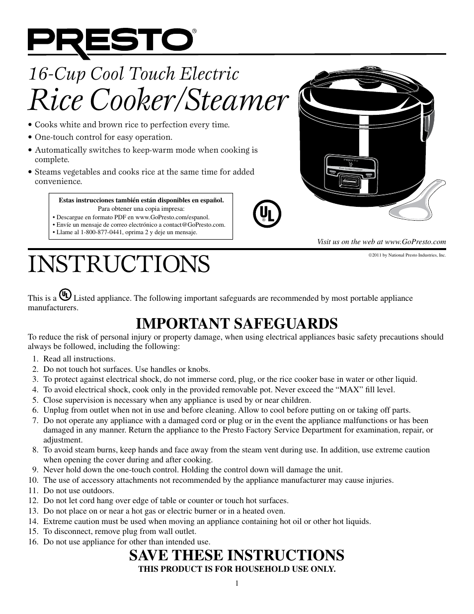 Presto Rice Cooker User Manual | 6 pages