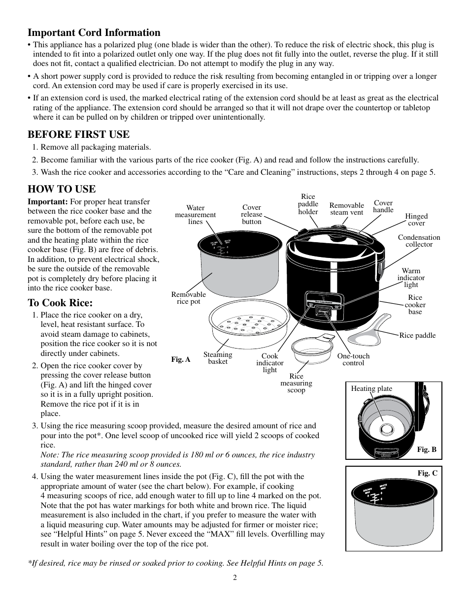 Before first use, How to use, Important cord information | Presto Rice Cooker User Manual | Page 2 / 6