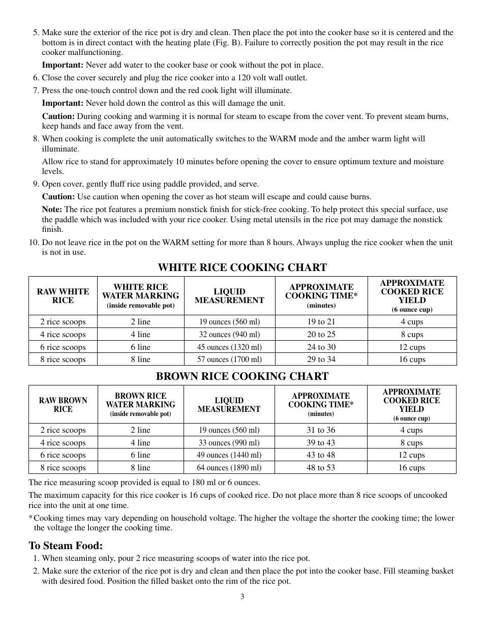 White rice cooking chart, Brown rice cooking chart | Presto Rice Cooker User Manual | Page 3 / 6