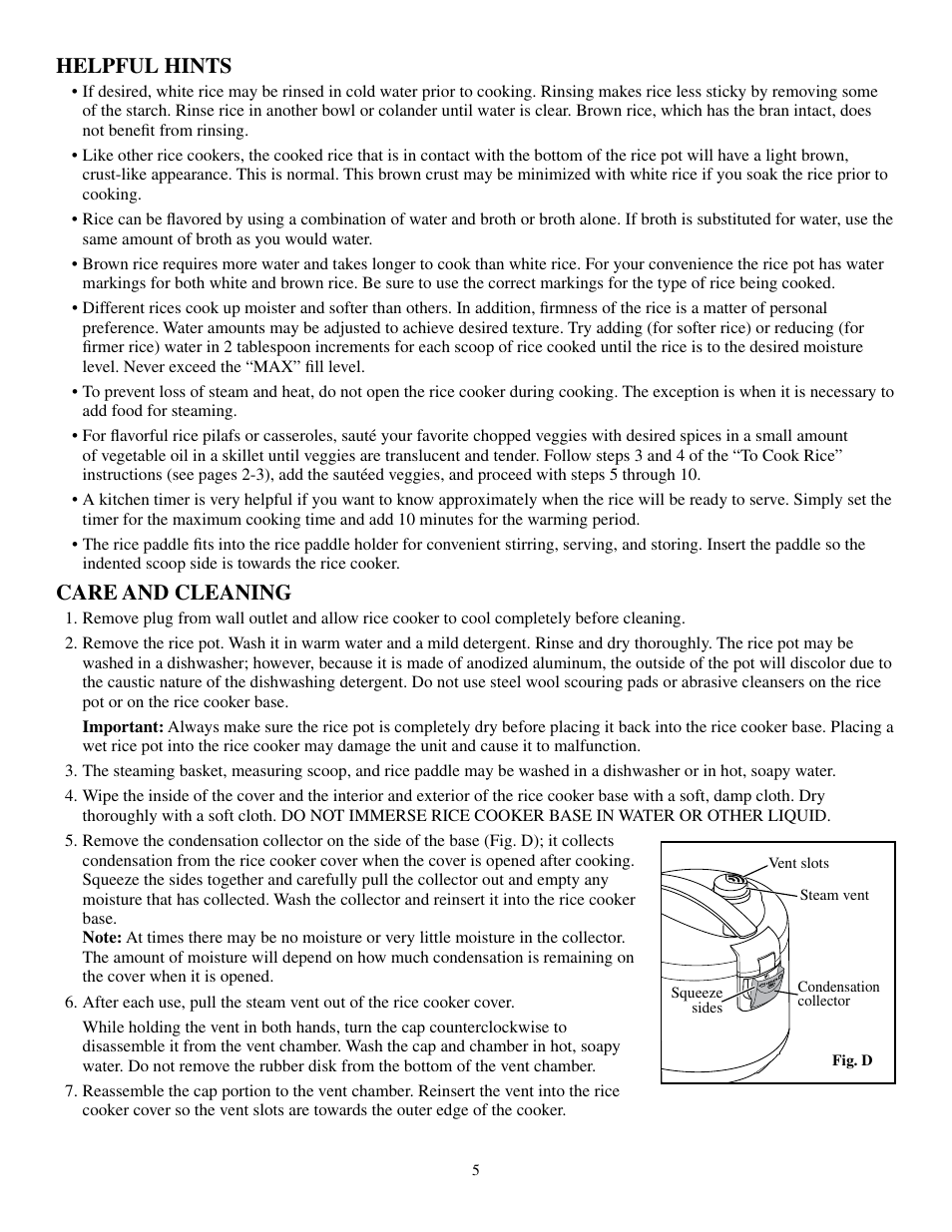 Helpful hints, Care and cleaning | Presto Rice Cooker User Manual | Page 5 / 6