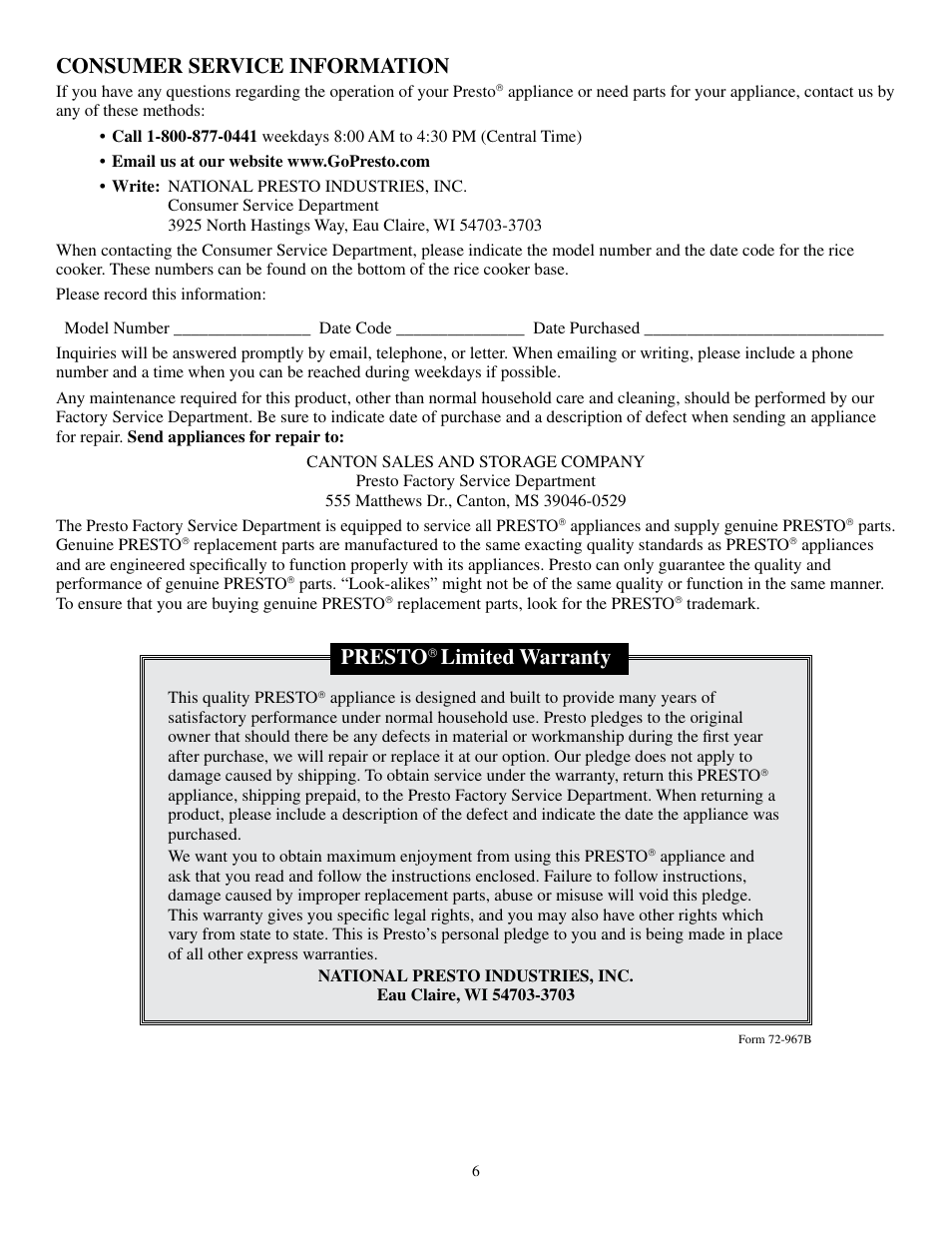 Consumer service information, Presto, Limited warranty | Presto Rice Cooker User Manual | Page 6 / 6