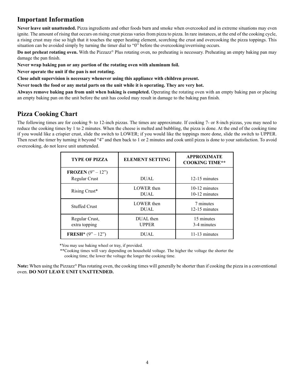 Important information, Pizza cooking chart | Presto Pizzazz User Manual | Page 4 / 8