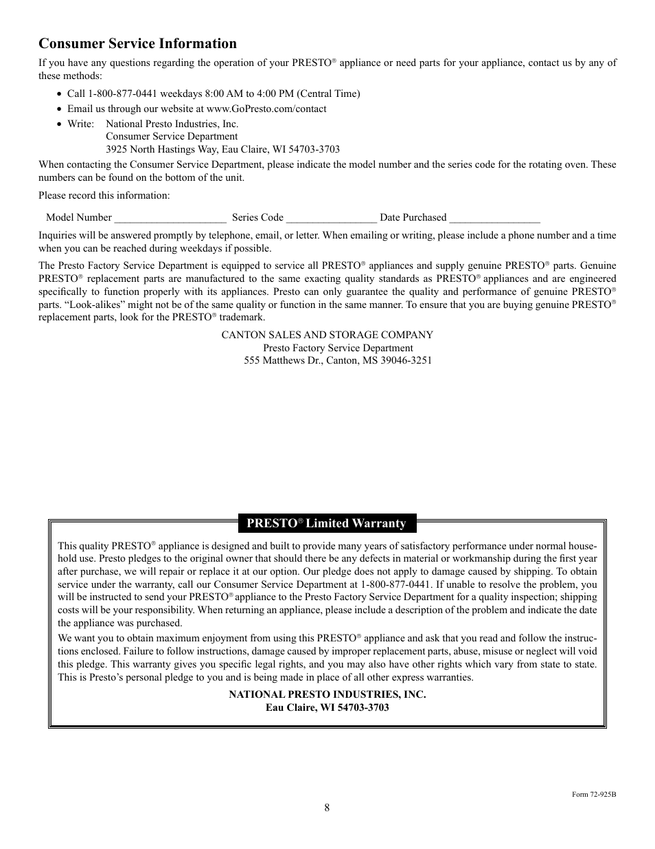 Consumer service information, Presto, Limited warranty | Presto Pizzazz User Manual | Page 8 / 8