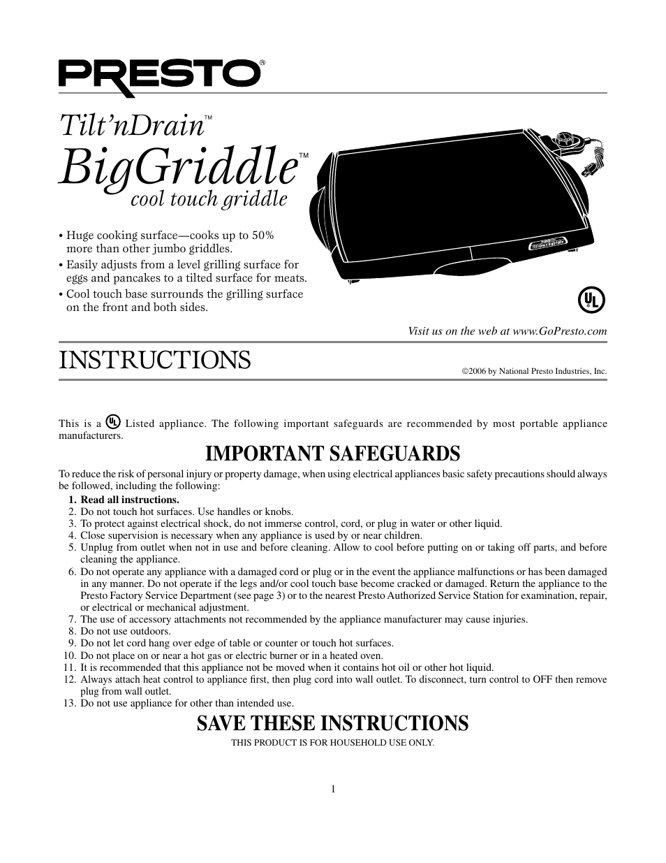 Presto BigGriddle cooltouchgriddle User Manual | 4 pages